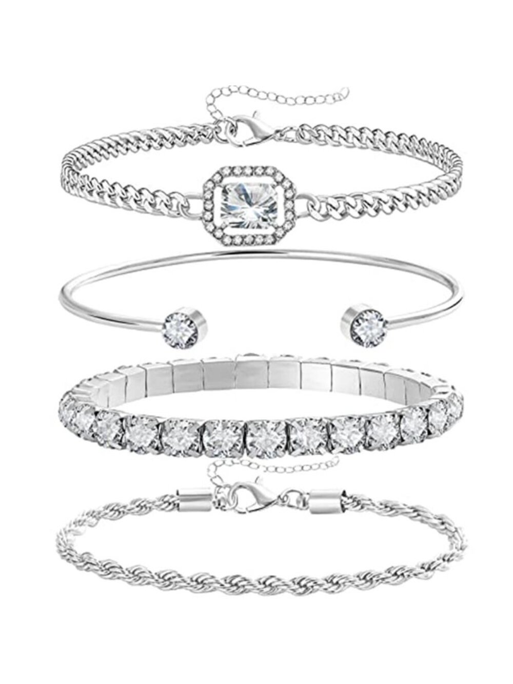 4 Pcs Dainty Gold Silver Bracelets Set for Women 14K Plated Link Cubic Zirconia